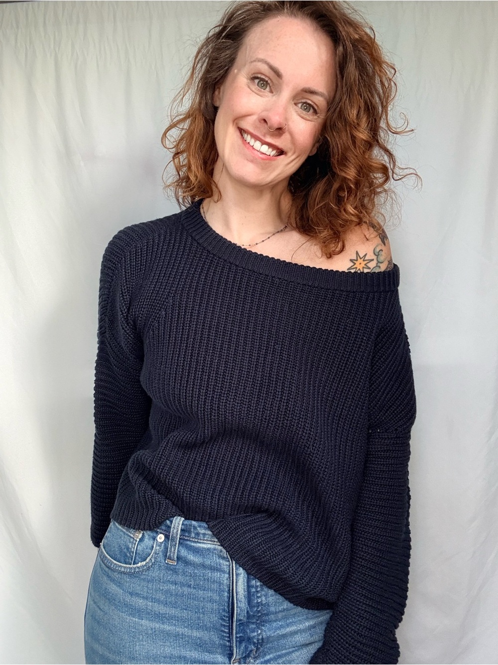 Ralph Lauren Navy Off-the-Shoulder Ribbed Sweater